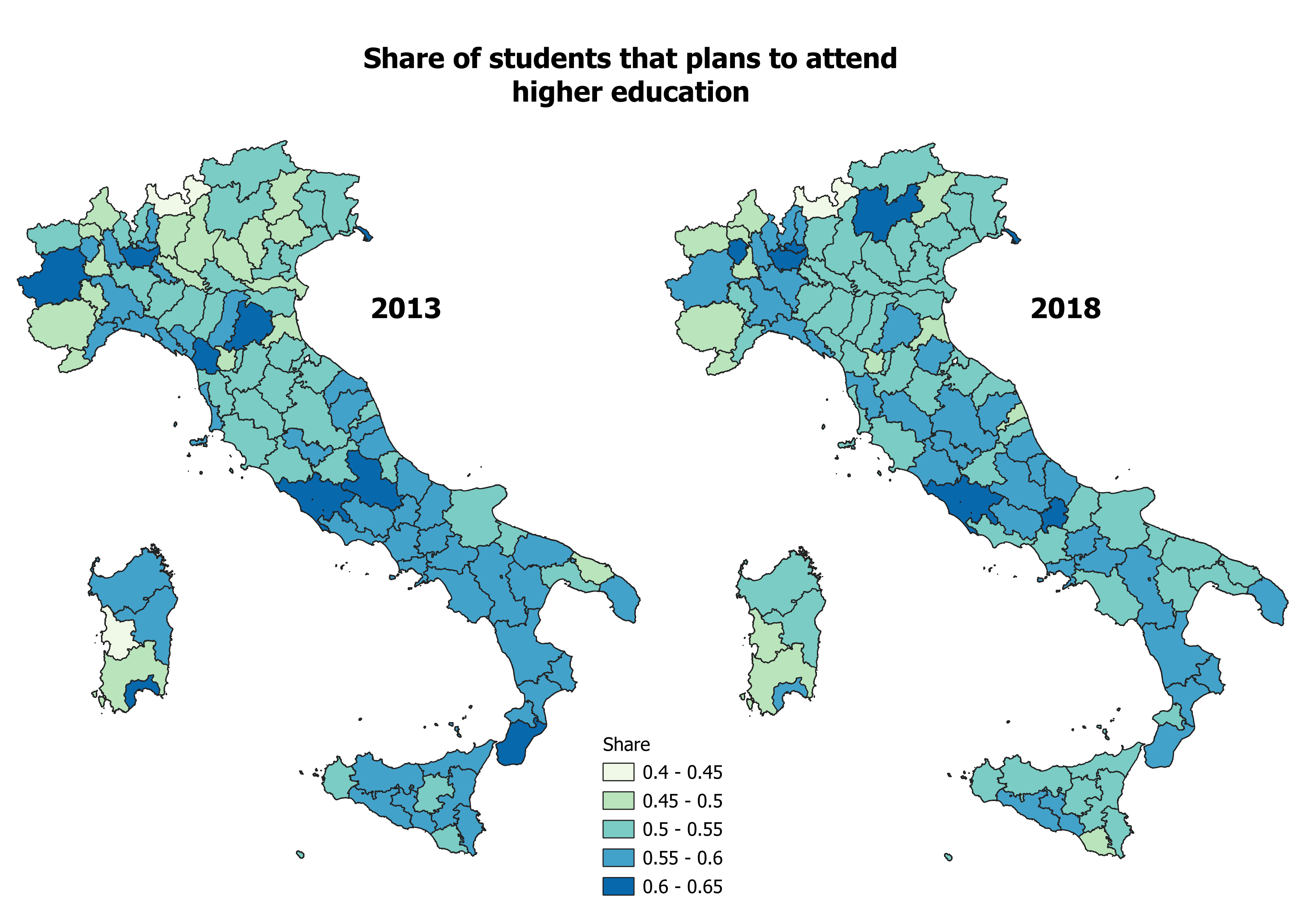 Maps of Italy comparing 2013 to 2018, share of students that plan to attend higher education