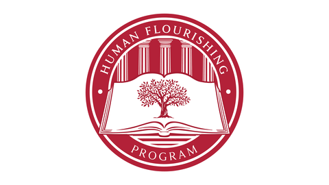 Human Flourishing program seal, a tree on an open book in front of Grecian columns