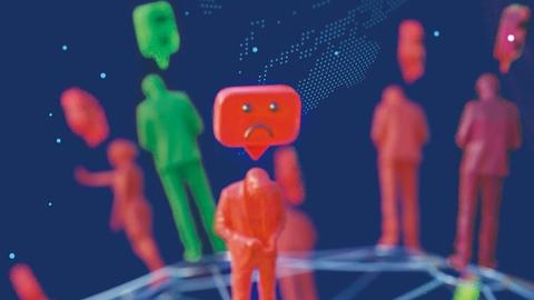 illustrations of figures using phones with expressive smiling and frowning emoticons over their heads
