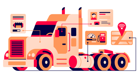 illustration of truck with attched icons representing location, vehicle, and driver data