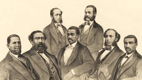19th-century engraving print of seven black men, five of whom are seated