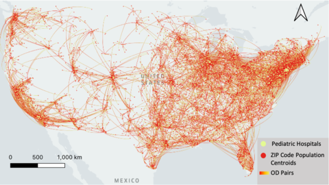 Plot map of the US; legend includes Pediatric Hospitals, ZIP Code Population Centroids, and OD Pairs