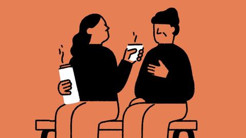 illustration of two people sharing a thermos of coffee on a bench
