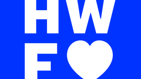 How We Feel logo, blue field with white letters "H W F", with a heart