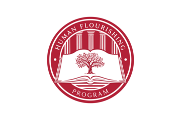 Human Flourishing Program seal, a tree on an open book in front of Grecian columns