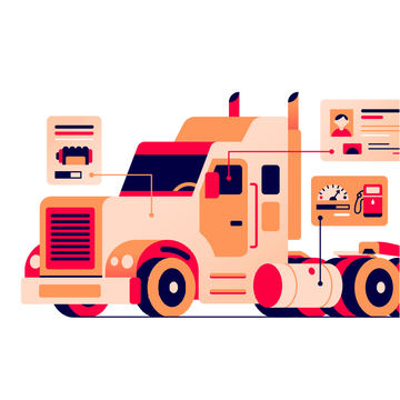 Graphic of a truck with connected icons representing vehicle and driver information