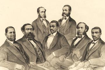 19th-century engraving print of seven black men, five of whom are seated