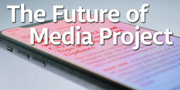 Future of Media overlaying a smartphone displaying news