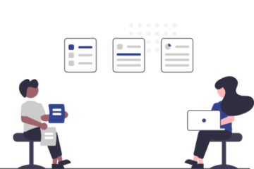 graphic of two seated people meeting with laptop and papers