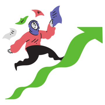 Person with document running up an ascending graph arrow