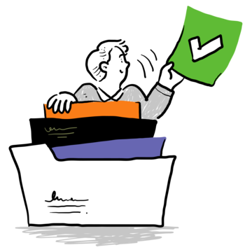 Person with file folders holding a green checkmarked document