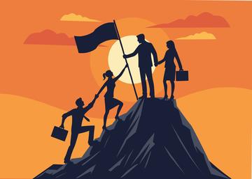 Illustration of business people working together to reach a mountaintop