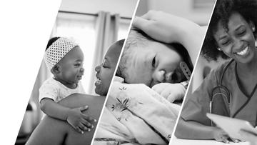 Hospital photos of mothers holding newborns and a smiling medical professional
