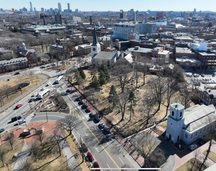 Aerial drone view of the Old Burying Ground in Cambridge