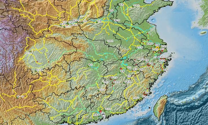 topographical map of china with multi-colored lines drawn on it