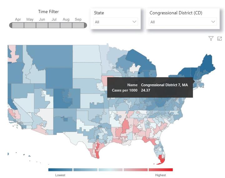 District map of US with COVID-19 data highlights, Congressional District 7 selected