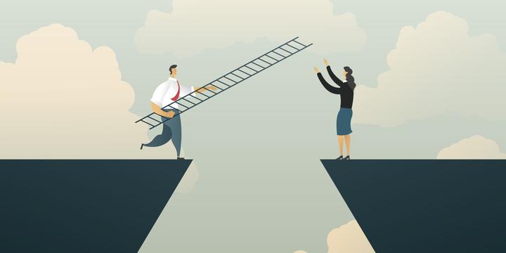 Illustration of two people bridging a gap between them with a ladder