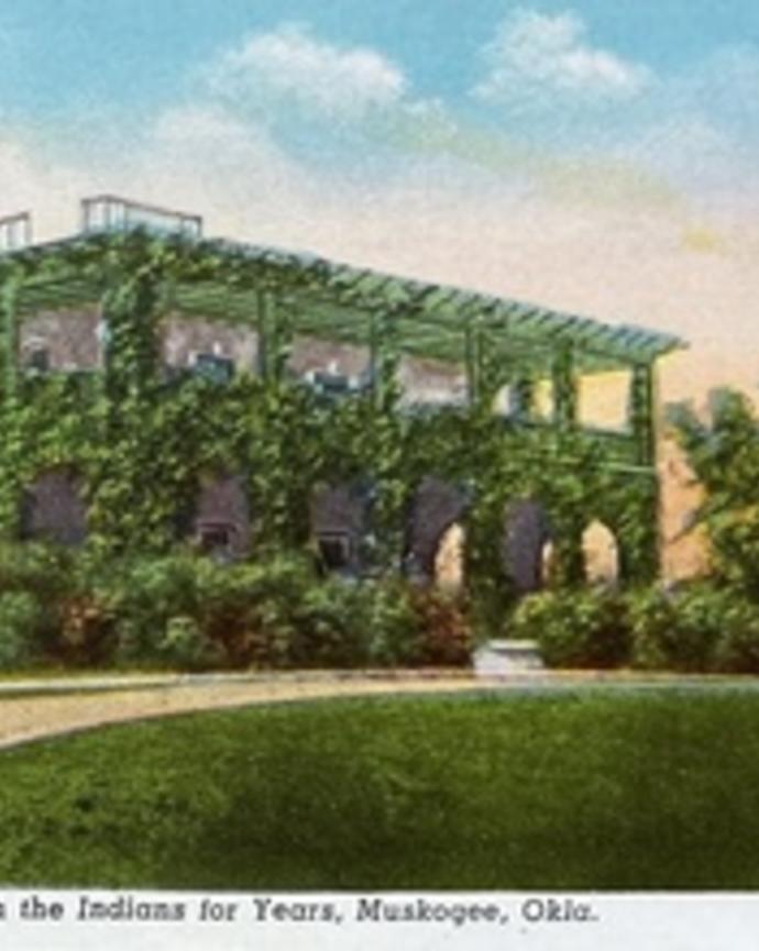 Historic postcard image of the Old Indian Agency Building in Muskogee, Oklahoma
